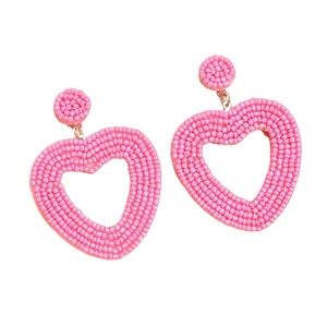 Heart Beaded Statement Drop Earrings Barbie Pink Valentines‎ Day